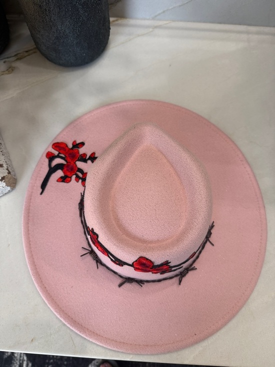SellersMerch Pink Wool Fedora with Barbed Wire Band and Red Floral Patch
